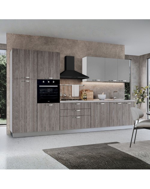 Cucina 360 cm con elettrodomestici Iris colore forest grigio e pensili grigio chiaro