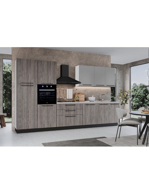 Cucina 360 cm con elettrodomestici Iris colore forest grigio e pensili grigio chiaro