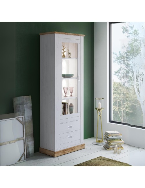 Vetrina colore pino bianco e rovere 2 cassetti e anta Anthony23 73x39,6x204H stile shabby