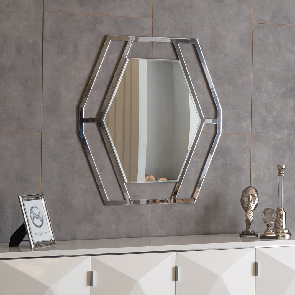 Specchiera esagonale Enzio in metallo cromato – Design moderno ed elegante per soggiorno e zona Living