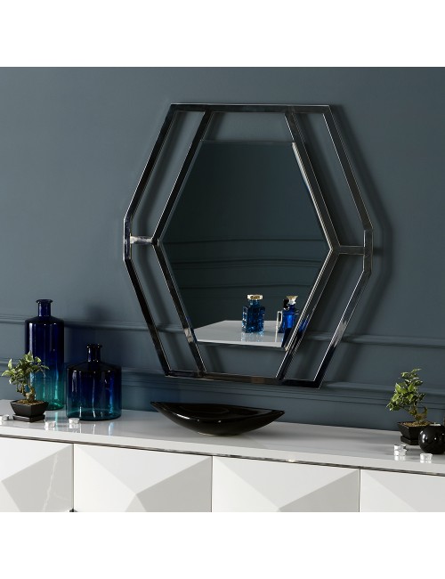 Specchiera Esagonale in Metallo Cromato Enzio – Design Moderno per Soggiorno e Salone