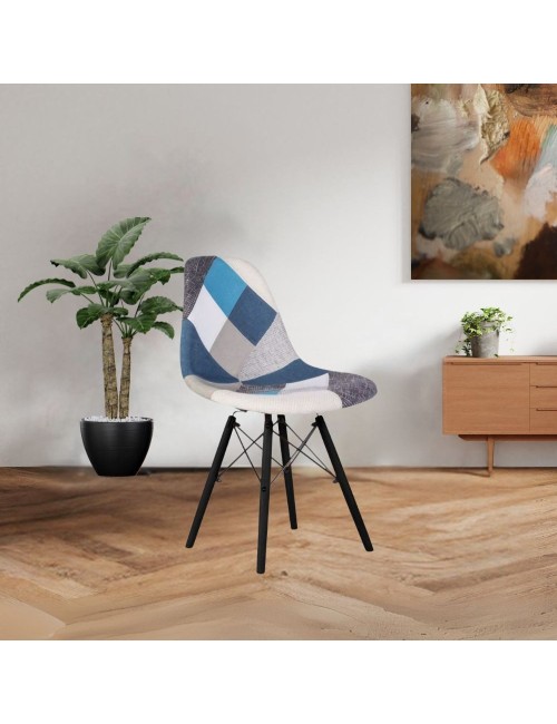 Set 4 sedie tessuto patchwork e gambe legno nero Perdita