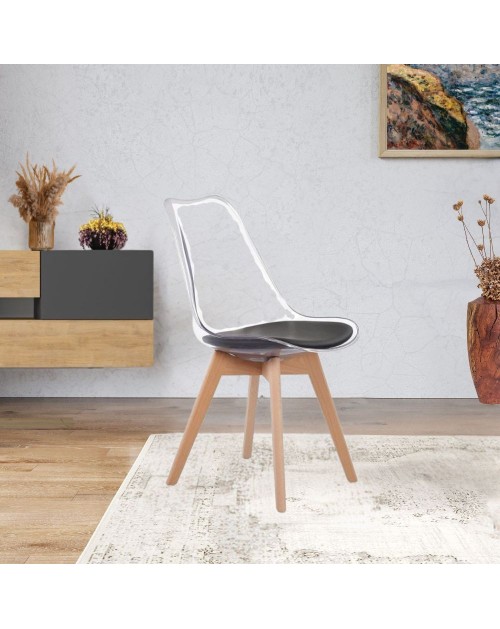 Set 4 sedie trasparenti in PET con cuscino ecopelle e gambe in legno Tebe