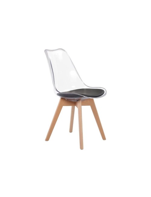 Set 4 sedie trasparenti in PET con cuscino ecopelle e gambe in legno Tebe