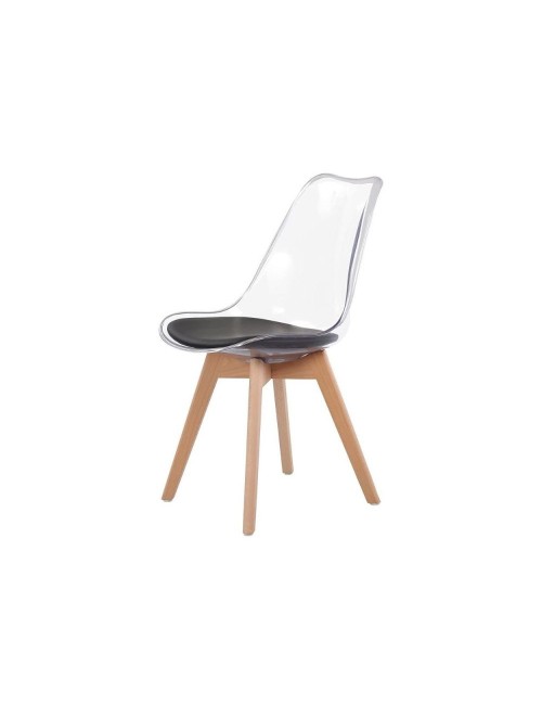 Set 4 sedie trasparenti in PET con cuscino ecopelle e gambe in legno Tebe