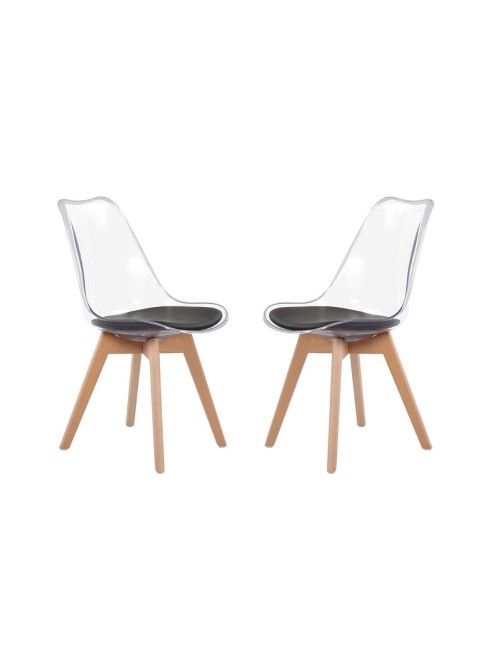 Set 4 sedie trasparenti in PET con cuscino ecopelle e gambe in legno Tebe
