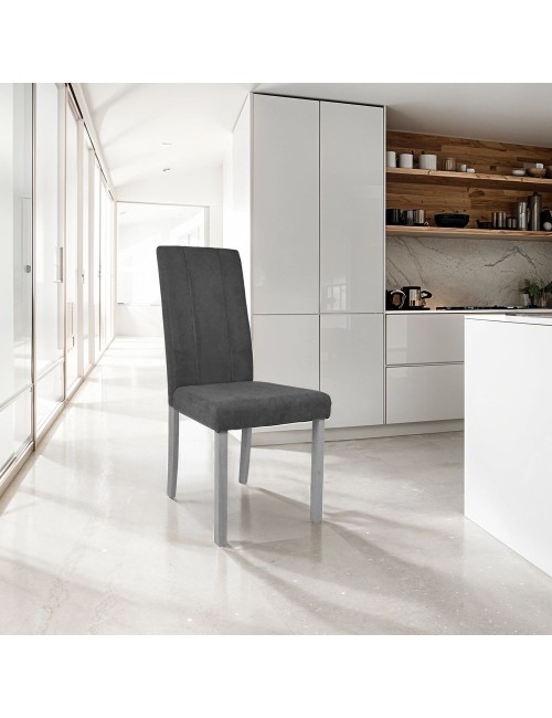 Set 2 Sedie imbottite struttura in legno e tessuto grigio con cuciture verticali Tom