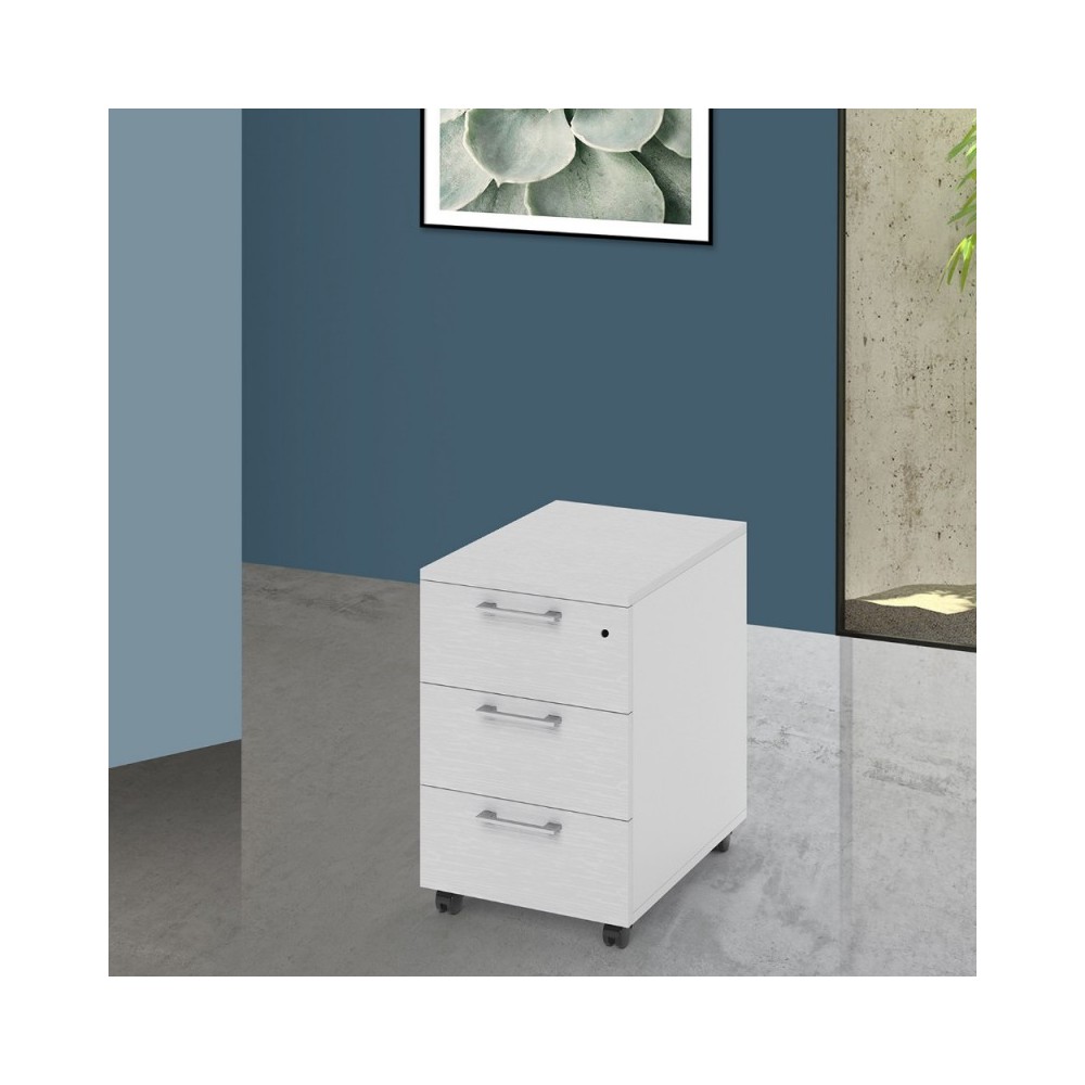 Cassettiera da ufficio 3 cassetti bianco frassinato Ibisco con ruote e serratura 40x55x58H