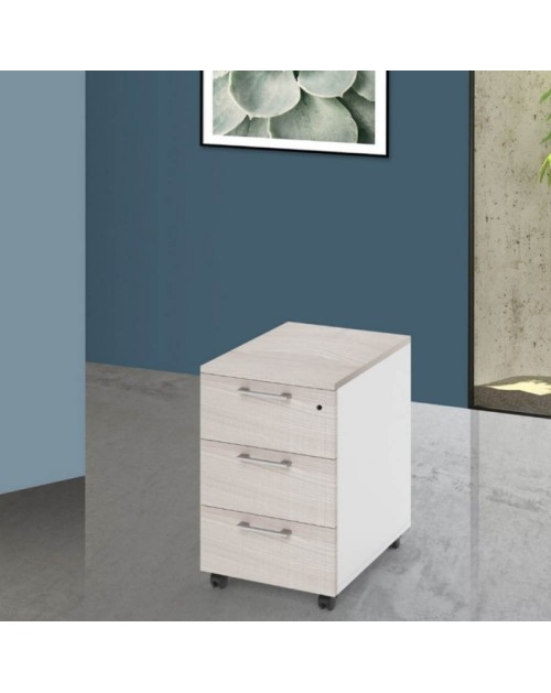 Cassettiera da ufficio 3 cassetti olmo e bianco frassinato Ibisco con ruote e serratura 40x55x58H