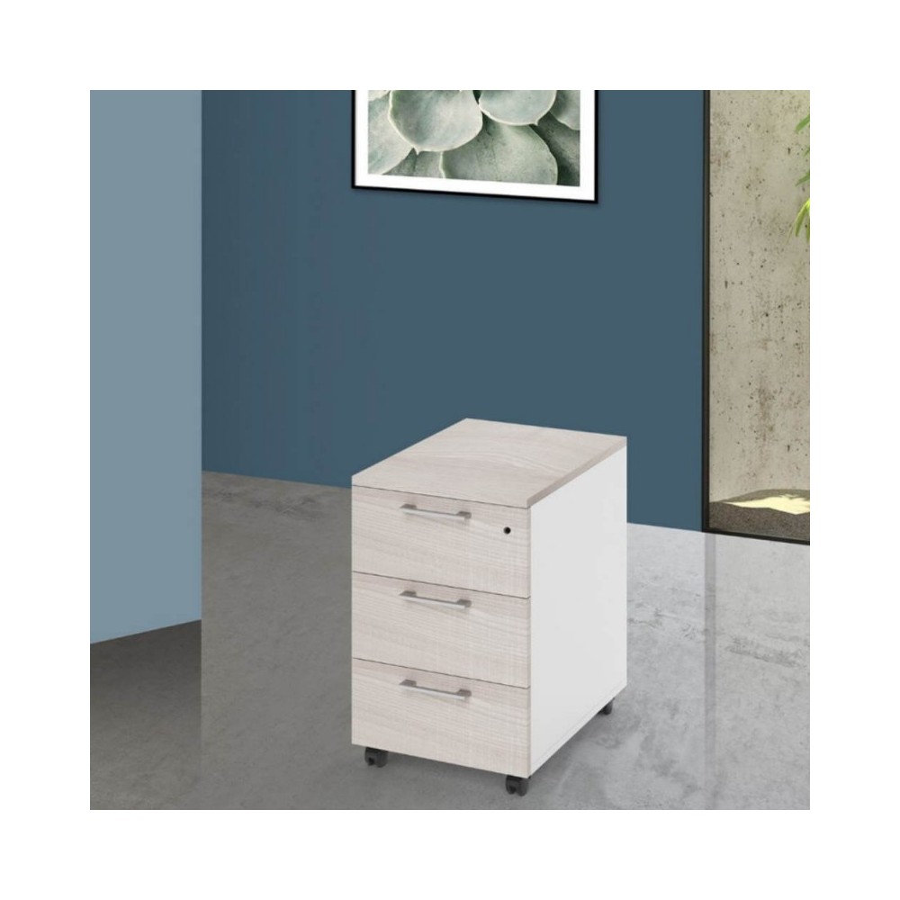 Cassettiera da ufficio 3 cassetti olmo e bianco frassinato Ibisco con ruote e serratura 40x55x58H