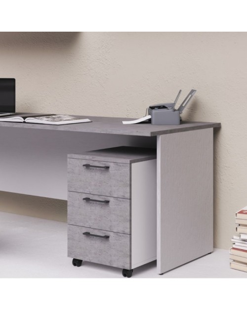 Cassettiera da ufficio 3 cassetti cemento e bianco frassinato Ibisco con ruote e serratura 40x55x58H