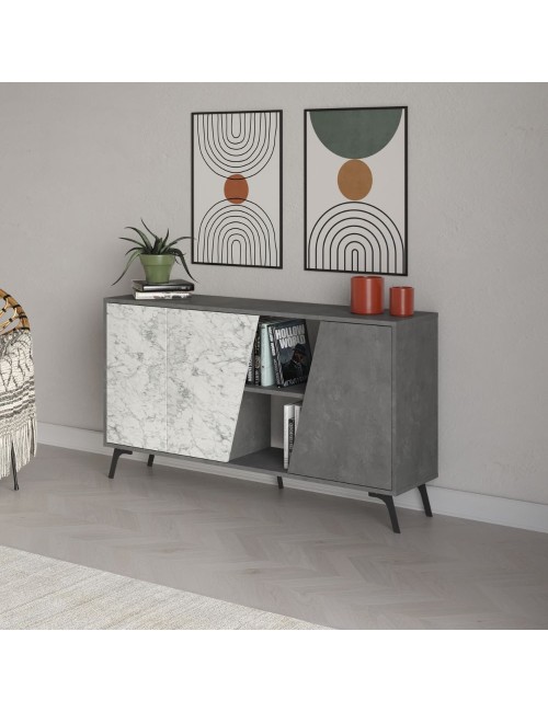 Madia 2 ante Fiona 150x35,6x82H colore bianco effetto marmo carrara e grigio