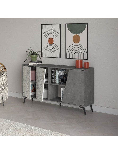 Madia 2 ante Fiona 150x35,6x82H colore bianco effetto marmo carrara e grigio