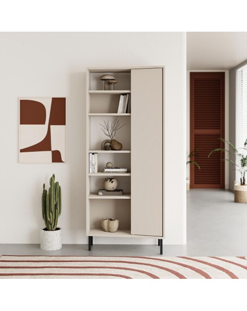 Libreria Frem con frontale curvo, anta e vani a giorno in finitura cashmere 74x37x175H