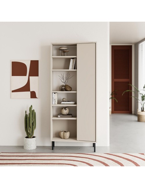 Libreria Frem con frontale curvo, anta e vani a giorno in finitura cashmere 74x37x175H