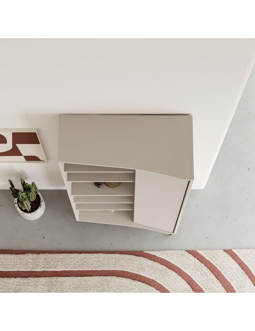 Libreria Frem con frontale curvo, anta e vani a giorno in finitura cashmere 74x37x175H