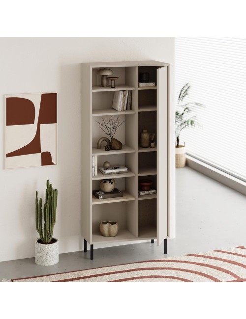 Libreria Frem con frontale curvo, anta e vani a giorno in finitura cashmere 74x37x175H