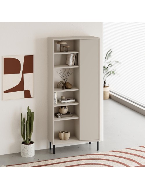 Libreria Frem con frontale curvo, anta e vani a giorno in finitura cashmere 74x37x175H