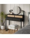 Toeletta trucco Lora con 4 cassetti luci a led e specchio rotondo nero e rovere