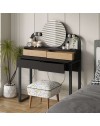 Toeletta trucco Lora con 4 cassetti luci a led e specchio rotondo nero e rovere