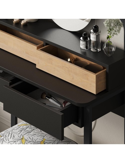 Toeletta trucco Lora con 4 cassetti luci a led e specchio rotondo nero e rovere