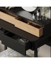 Toeletta trucco Lora con 4 cassetti luci a led e specchio rotondo nero e rovere