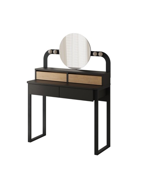 Toeletta trucco Lora con 4 cassetti luci a led e specchio rotondo nero e rovere