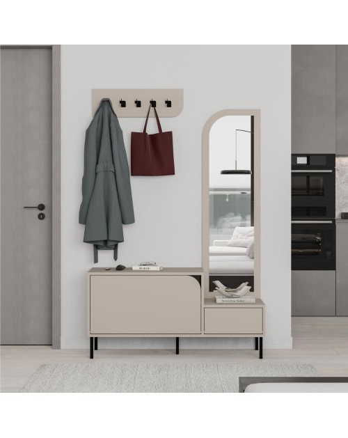 Mobile ingresso Mila con scarpiera specchio e ganci appendiabiti colore cashmere