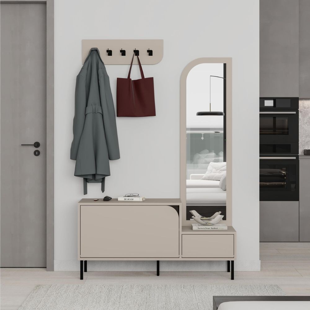 Mobile ingresso Mila con scarpiera specchio e ganci appendiabiti colore cashmere