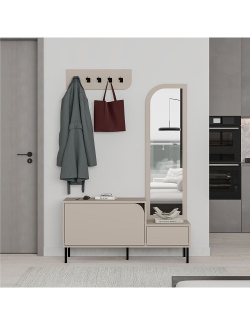 Mobile ingresso Mila con scarpiera specchio e ganci appendiabiti colore cashmere