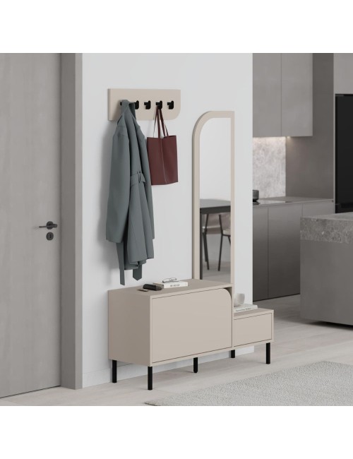 Mobile ingresso Mila con scarpiera specchio e ganci appendiabiti colore cashmere
