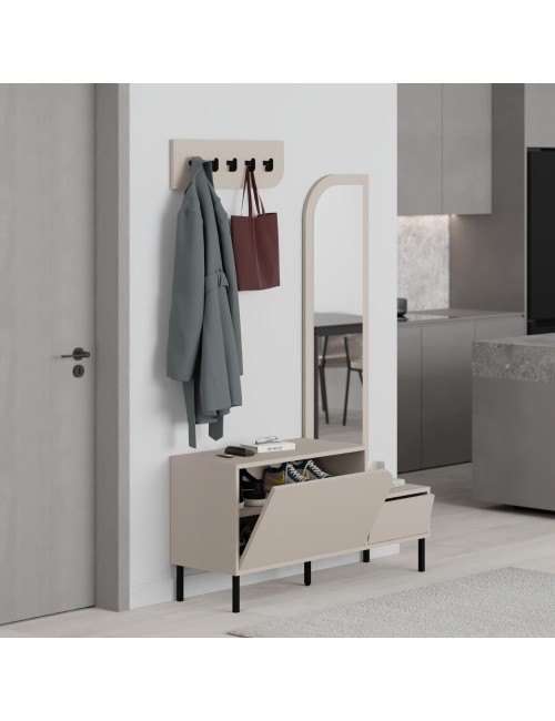 Mobile ingresso Mila con scarpiera specchio e ganci appendiabiti colore cashmere