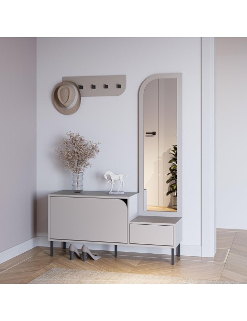 Mobile ingresso Mila con scarpiera specchio e ganci appendiabiti colore cashmere