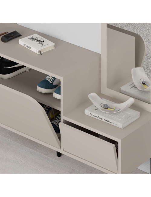 Mobile ingresso Mila con scarpiera specchio e ganci appendiabiti colore cashmere