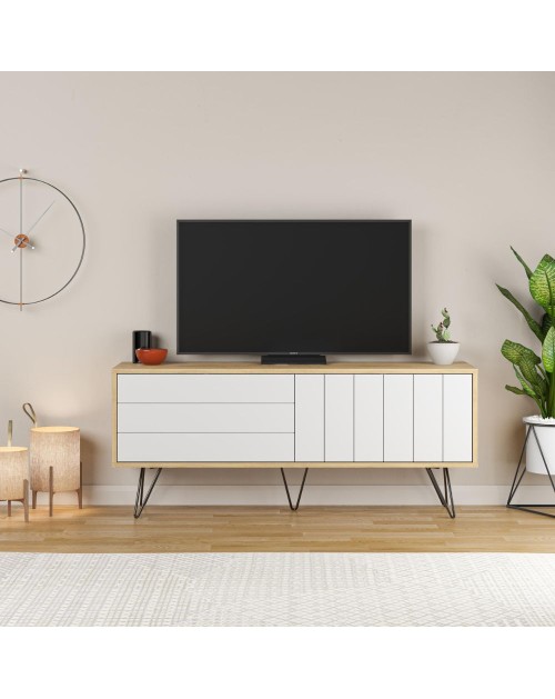 Porta tv Picadilly struttura rovere con 2 ante a ribalta bianche 139.6x35.6x57.5H