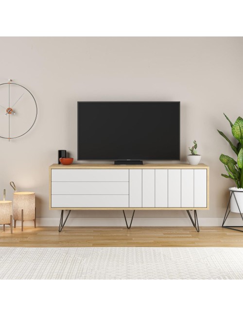 Porta tv Picadilly struttura rovere con 2 ante a ribalta bianche 139.6x35.6x57.5H