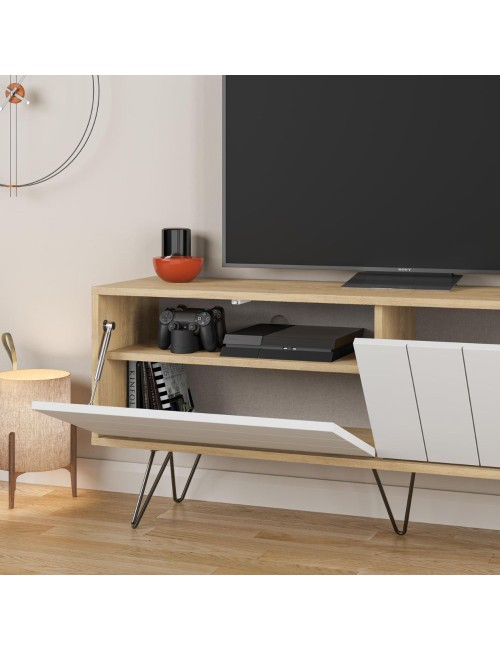 Porta tv Picadilly struttura rovere con 2 ante a ribalta bianche 139.6x35.6x57.5H