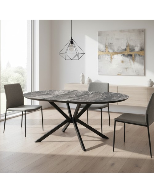 Tavolo rotondo allungabile Dobok piano effetto marmo nero arabesque lucido 126x126x76H