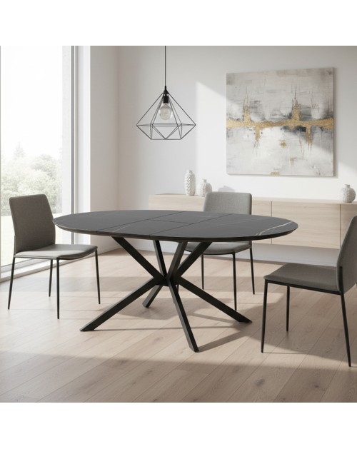 Tavolo rotondo allungabile Dobok piano effetto marmo nero con dettagli oro lucido 126x126x76H