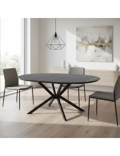 Tavolo rotondo allungabile Dobok piano effetto marmo nero con dettagli oro lucido 126x126x76H