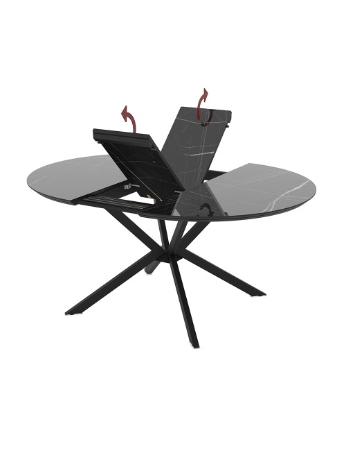Tavolo rotondo allungabile Dobok piano effetto marmo nero con dettagli oro lucido 126x126x76H