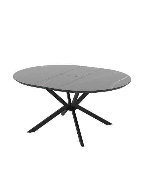 Tavolo rotondo allungabile Dobok piano effetto marmo nero con dettagli oro lucido 126x126x76H