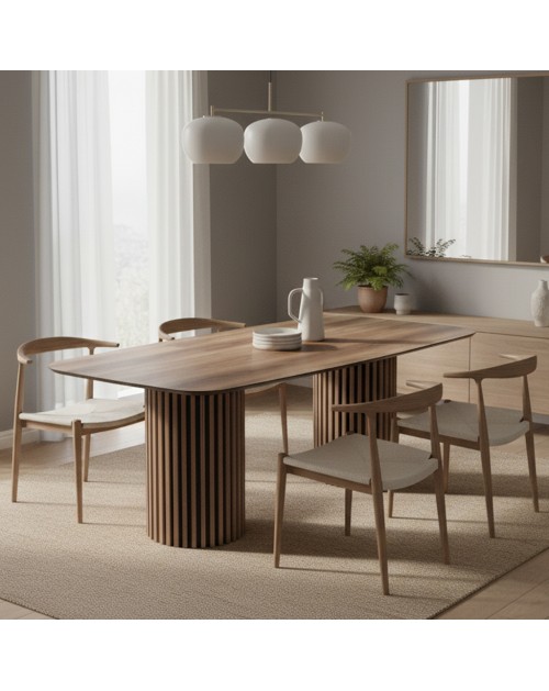 Tavolo rettangolare fisso piano noce e basi in legno cannettati Oslo 200x100x76H