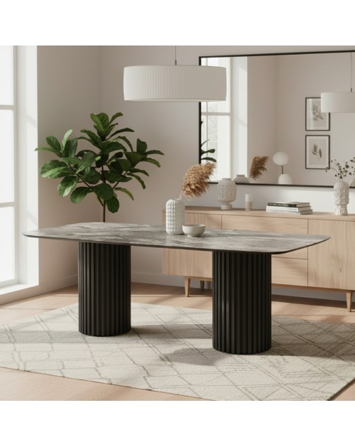 Tavolo rettangolare fisso piano nero arabesque e basi in legno cannettati Oslo 200x100x76H