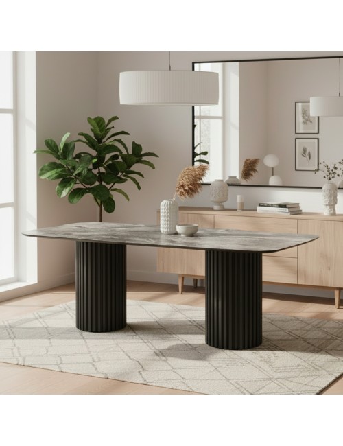 Tavolo rettangolare fisso piano nero arabesque e basi in legno cannettati Oslo 200x100x76H
