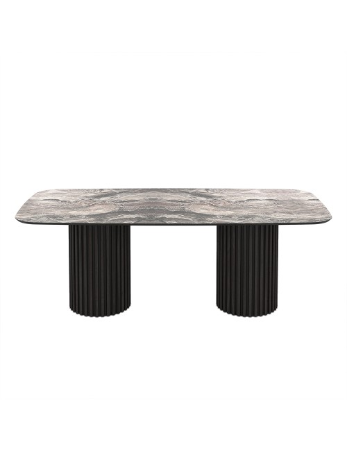 Tavolo rettangolare fisso piano nero arabesque e basi in legno cannettati Oslo 200x100x76H