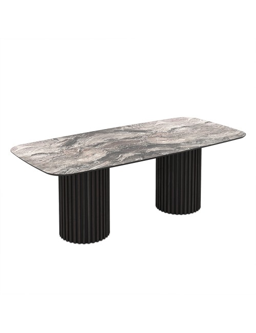 Tavolo rettangolare fisso piano nero arabesque e basi in legno cannettati Oslo 200x100x76H