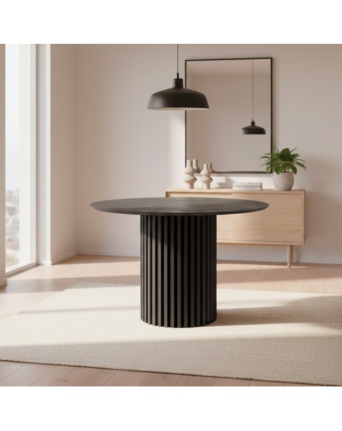 Tavolo rotondo Olympus piano effetto marmo grigio opaco e base cannettata nera 110x110x76