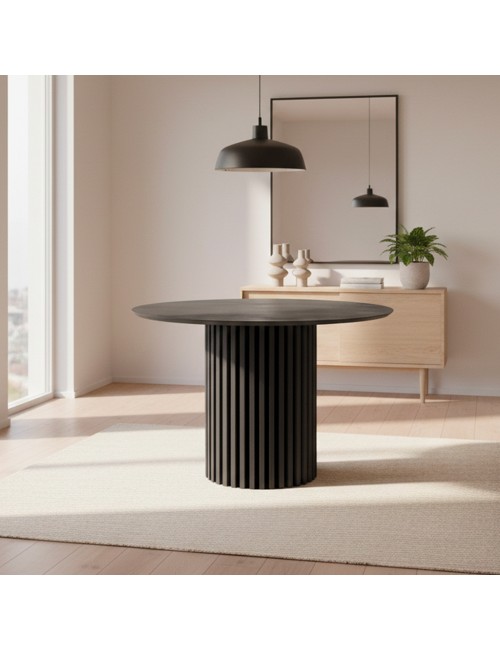 Tavolo rotondo Olympus piano effetto marmo grigio opaco e base cannettata nera 110x110x76