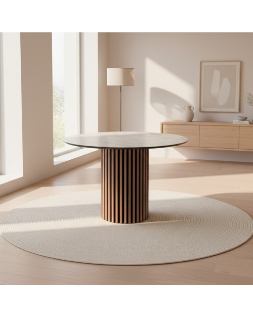 Tavolo rotondo Olympus piano effetto marmo bianco mola e base cannettata rovere 110x110x76